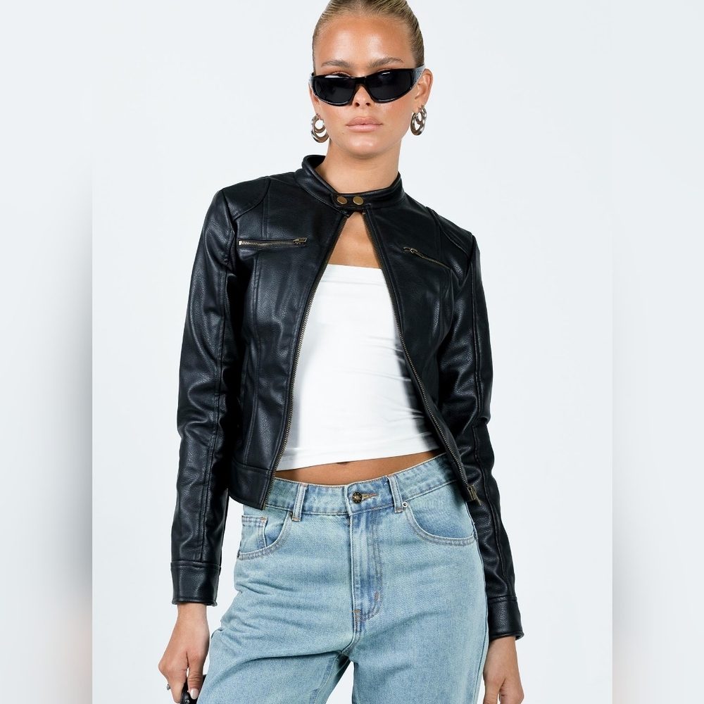 Princess Polly Pottsville faux leather moto jacket black (US 8) Elena Gilbert